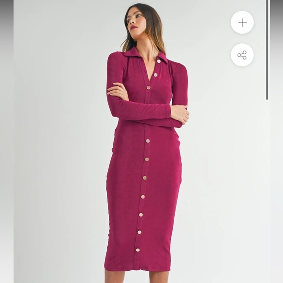 Mable SABINE COLLARED BODYCON MIDI DRESS medium gold accent collared magenta - Picture 1 of 6